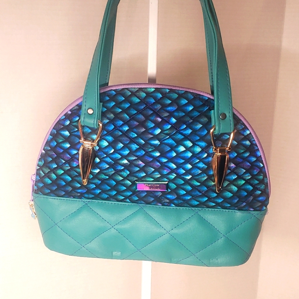 Handmade Mini Quilted Aqua Faux Leather And Scale Print Cotton Mini Handbag.